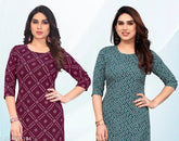 Indian Myra Graceful Bandhani Crepe Sleeve Kurtis Set, Printed Combo, Three-Quarter Sleeves, Sizes S to XXL